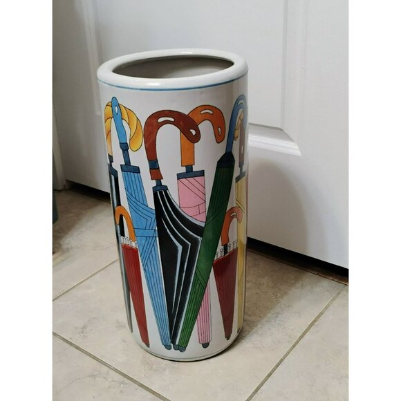 Vintage Whimsical Umbrellas Design Umbrella Stand, 18" MCM Ceramic Cane Holder - Picture 2 of 6